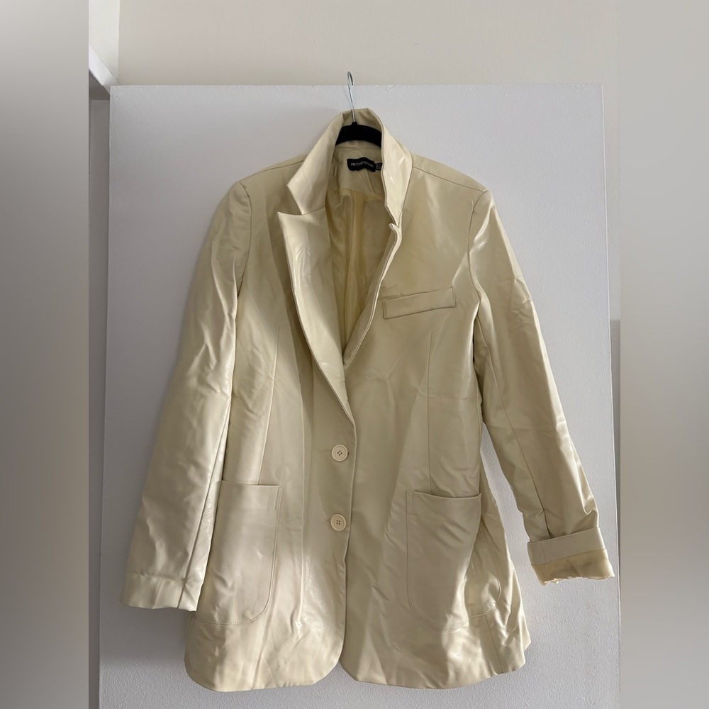 Pretty Little Thing Faux Leather Cream Women's Blazer